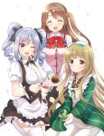  3girls alternate_costume ama_usa_an_uniform blush breasts brown_eyes brown_hair cosplay cup drill_hair fleur_de_lapin_uniform gochuumon_wa_usagi_desu_ka? highres hoto_cocoa hoto_cocoa_(cosplay) idolmaster idolmaster_cinderella_girls japanese_clothes kanzaki_ranko long_hair looking_at_viewer multiple_girls one_eye_closed one_side_up open_mouth rabbit_house_uniform red_eyes seiyuu_connection silver_hair smile teacup tedeza_rize tedeza_rize_(cosplay) thigh-highs twin_drills twintails uchida_maaya ujimatsu_chiya ujimatsu_chiya_(cosplay) very_long_hair white_legwear wrotaryspirit yorita_yoshino 