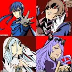  2boys 2girls aqua_(fire_emblem_if) blue_eyes blue_hair breasts brown_hair camilla_(fire_emblem_if) celice_(fire_emblem) cleavage detached_sleeves fire_emblem fire_emblem:_seisen_no_keifu fire_emblem_if gloves highres kyou_(ningiou) long_hair looking_at_viewer multiple_boys multiple_girls persona purple_hair red_eyes smile takumi_(fire_emblem_if) veil violet_eyes white_gloves 