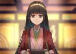  1girl black_hair blurry brown_eyes closed_mouth depth_of_field handheld_game_console hime_cut houraisan_kaguya hsin japanese_clothes kimono long_hair playing_games sidelocks smile solo touhou upper_body very_long_hair 