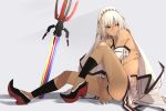  1girl altera_(fate) ass bare_shoulders black_nails breasts detached_sleeves fate/grand_order fate_(series) high_heels i-pan legs nail_polish red_eyes sandals short_hair sideboob sitting solo sword tattoo veil weapon wedge_heels white_hair 