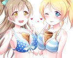 2girls :d ;p aqua_bow ayase_eli between_breasts blonde_hair blue_eyes blush bow breasts brown_hair cleavage collarbone eyebrows_visible_through_hair hair_bow heart heart-shaped_pupils love_live! love_live!_school_idol_project medium_breasts minami_kotori multiple_girls one_eye_closed open_mouth pipette_(artist) polka_dot_bikini_top shiny shiny_skin side_ponytail sideboob simple_background smile standing striped_bikini_top symbol-shaped_pupils tongue tongue_out upper_body white_background yellow_eyes 