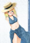  1girl bikini blonde_hair blue_bikini blue_eyes breasts cleavage cowboy_shot english glasses hat i-8_(kantai_collection) kantai_collection looking_at_viewer low_twintails navel red-framed_eyewear sarong semi-rimless_glasses small_breasts smile solo standing suke_(momijigari) sun_hat swimsuit twintails under-rim_glasses 
