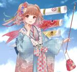  1girl bag blush brown_eyes brown_hair eyebrows_visible_through_hair fukahire_sanba japanese_clothes kimono koinobori looking_at_viewer miracle_nikki parted_lips short_hair short_twintails smile solo twintails two_side_up unmoving_pattern 