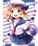  1girl :d arm_up ball blonde_hair blue_bow blue_eyes blue_skirt blush bow collarbone cowboy_shot hair_bow hat hat_bow holding holding_ball ikari_(aor3507) kagamine_rin looking_at_viewer miniskirt neckerchief open_mouth red_bow red_neckerchief shirt short_hair short_sleeves short_twintails skirt smile solo standing twintails vocaloid white_background white_hat white_shirt 