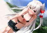  1girl amatsukaze_(kantai_collection) bent_over bikini black_bikini blue_sky blush breasts brown_eyes day denim denim_shorts dutch_angle embarrassed eyebrows_visible_through_hair front-tie_bikini front-tie_top grey_hair hair_tubes kantai_collection long_hair looking_at_viewer navel open_fly open_mouth open_pants outdoors pants_pull short_shorts shorts side-tie_bikini sky small_breasts solo string_bikini sweatdrop swimsuit takanashi_kei_(hitsujikan) two_side_up very_long_hair wavy_mouth 