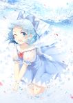  1girl 3000_xiao_chun absurdres blue_bow blue_eyes blue_hair blush bow cirno eyebrows_visible_through_hair hair_bow highres ice ice_wings looking_at_viewer open_mouth puffy_short_sleeves puffy_sleeves red_bow short_hair short_sleeves smile solo touhou underwater wings 