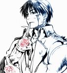  1boy biting black_eyes black_hair blood blood_on_face chongning dirty eyebrows_visible_through_hair fullmetal_alchemist glove_biting gloves gloves_removed injury looking_away male_focus military military_uniform monochrome roy_mustang short_hair simple_background solo_focus uniform white_background 