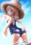  1girl ass bangs baram bare_arms blonde_hair blue_sky brown_hat day eyebrows_visible_through_hair from_behind hair_ribbon hat long_hair looking_at_viewer looking_back moriya_suwako outdoors red_ribbon ribbon school_swimsuit sky solo summer swimsuit touhou tress_ribbon wading water wet yellow_eyes 