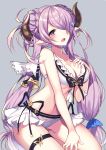  10s 1girl bare_shoulders bikini black_bow blush bow breasts cleavage commentary_request doraf double_bun frilled_bikini frills granblue_fantasy hair_ornament hair_over_one_eye hairclip hand_on_own_chest highres hips horns kneeling large_breasts lavender_hair long_hair narumeia_(granblue_fantasy) open_mouth pointy_ears simple_background smile solo swimsuit thigh_strap thighs very_long_hair violet_eyes waist white_bikini 