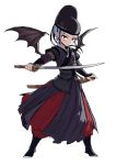  1girl alternate_costume bat_wings blue_hair fkey full_body highres red_eyes remilia_scarlet sheath solo standing sword touhou unsheathed vambraces weapon wings 