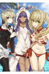  3girls ahoge alternate_hairstyle animal_ears apron artoria_pendragon_(all) bangs barefoot bikini black_legwear blonde_hair blue_sky braid breasts choker criss-cross_halter dark_skin earrings eyebrows_visible_through_hair facial_mark fate/grand_order fate_(series) green_eyes hair_between_eyes hair_bun halterneck highres hood hoodie hoop_earrings jewelry large_breasts leg_garter long_hair looking_at_viewer maid_headdress multiple_girls navel necklace nitocris_(fate/grand_order) off_shoulder one-piece_swimsuit outdoors purple_hair saber_alter saber_extra side-tie_bikini sidelocks sky small_breasts striped striped_bikini swimsuit teshima_nari thigh-highs twintails violet_eyes waist_apron white_swimsuit 