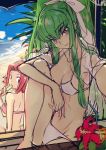  2girls ass bikini blue_eyes breasts brown_eyes c.c. cleavage code_geass creayus food green_hair kallen_stadtfeld knee_to_chest long_hair looking_at_viewer multiple_girls pink_bikini popsicle redhead sitting smile swimsuit white_bikini 