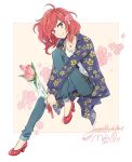  1girl ahoge artist_name bouquet breasts character_name cleavage dated denim floral_background floral_print flower hair_flower hair_ornament happy_birthday high_heels holding holding_bouquet jacket jeans jewelry karuha knee_up long_sleeves looking_at_viewer love_live! love_live!_school_idol_project necklace nishikino_maki pants print_jacket red_shoes redhead shirt shoes short_hair smile solo violet_eyes white_shirt 