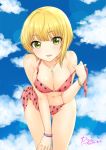  10s 1girl bikini blonde_hair blush bracelet breasts cleavage clouds food_print gluteal_fold green_eyes idolmaster idolmaster_cinderella_girls jewelry large_breasts leaning_forward looking_at_viewer miyamoto_frederica navel ozaki_mirai red_bikini short_hair sky smile solo strawberry_print swimsuit 