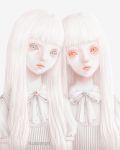  2girls albino blue_eyes bow eyeball looking_at_viewer multiple_girls original pale_skin pinafore red_eyes saccstry siblings staring twins 