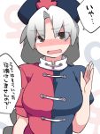  1girl blush braid breasts brown_eyes commentary_request grey_hair hammer_(sunset_beach) hat large_breasts long_hair looking_at_viewer open_mouth single_braid solo touhou translation_request upper_body yagokoro_eirin 