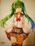  1girl alternate_costume artist_request eyebrows_visible_through_hair green_eyes green_hair hatsune_miku highres holding_skirt long_hair looking_at_viewer photo pleated_skirt red_ribbon ribbon school_uniform skirt skirt_lift smile solo thigh-highs traditional_media twintails very_long_hair vocaloid 