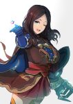  1girl ;d bangs black_hair blue_eyes breasts brown_hair cape cowboy_shot fate/grand_order fate_(series) foreshortening from_side gloves highres hsin large_breasts leonardo_da_vinci_(fate/grand_order) long_hair looking_at_viewer looking_to_the_side one_eye_closed open_mouth parted_bangs pointing pointing_at_viewer red_skirt skirt smile solo star star_print thigh-highs zettai_ryouiki 