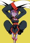  1girl balancing breasts chinese_clothes claws cleavage cleavage_cutout fangs hat highres jiangshi lei_lei medium_breasts nakahara_kaihei ofuda open_mouth purple_hair purple_skin red_eyes short_hair smile solo vampire_(game) 