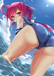  1girl ass blue_sky clouds hair_ribbon highres i-168_(kantai_collection) kantai_collection long_hair looking_at_viewer looking_back ocean one-piece_swimsuit ponytail red_eyes redhead ribbon school_swimsuit school_uniform serafuku sky solo sun swimsuit unomi wet wet_clothes wet_swimsuit 