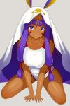 1girl blush breasts closed_mouth collarbone competition_swimsuit dark_skin earrings fate/grand_order fate_(series) highres hoop_earrings jewelry large_breasts long_hair looking_at_viewer nitocris_(fate/grand_order) one-piece_swimsuit purple_hair seiza sitting smile solo swimsuit tear_tear0320 violet_eyes 