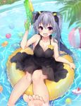  1girl bare_shoulders barefoot black_dress breasts brown_eyes cleavage dress fang feet grey_hair highres innertube irone_(miyamiya38) long_hair looking_at_viewer open_mouth original solo toes twintails water water_gun 