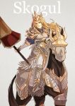  1girl armor blonde_hair breastplate crown fingerless_gloves fire_emblem fire_emblem_echoes:_mou_hitori_no_eiyuuou fire_emblem_gaiden gloves greaves grin gzei holding holding_weapon horse knight lance long_hair looking_at_viewer matilda_(fire_emblem) pauldrons polearm riding simple_background smile solo weapon 