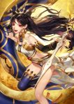  1girl bare_shoulders barefoot black_hair bridal_gauntlets crescent earrings fate/grand_order fate_(series) floating_hair gem gold hair_ribbon heavenly_boat_maanna highres hoop_earrings ishtar_(fate/grand_order) jewelry long_hair looking_at_viewer necklace open_mouth red_eyes ribbon single_thighhigh solo thigh-highs toeless_legwear tohsaka_rin two_side_up very_long_hair weapon zombeing 