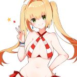  1girl alternate_hairstyle blonde_hair breasts closed_mouth fate/grand_order fate_(series) green_eyes hand_on_hip highres large_breasts long_hair looking_at_viewer navel nero_claudius_(swimsuit)_(fate) saber_extra simple_background smile solo star takae_(poupee_en_biscuit) twintails v white_background 