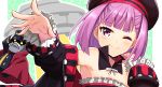  1girl blush fate/grand_order fate_(series) flat_chest hat helena_blavatsky_(fate/grand_order) jacket one_eye_closed purple_hair shiime short_hair sketch smile solo strapless upper_body violet_eyes 