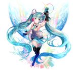  1girl :d absurdres aqua_eyes aqua_hair arm_strap arm_up armpits black_legwear blush boots camera frilled_gloves frilled_legwear frills fuji_choko full_body gloves hatsune_miku headset highres long_hair low_wings multicolored_hair necktie open_mouth pink_hair skirt smile solo thigh-highs thigh_boots twintails two-tone_hair very_long_hair vocaloid wings 