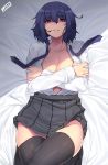  1girl artist_name bangs bed_sheet black_hair black_legwear black_necktie black_skirt blush breasts cleavage collarbone collared_shirt crossed_arms dress_shirt eyebrows_visible_through_hair from_above groin hair_between_eyes hands_up highres indoors jjune long_sleeves looking_at_viewer lying medium_breasts miniskirt necktie no_bra on_back open_clothes open_shirt original parted_lips pink_lips pleated_skirt school_uniform shirt short_hair skirt smile solo teeth thigh-highs undone_necktie white_shirt 