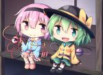  2girls :d bangs black_hat blush bow chibi closed_mouth eyeball food frilled_shirt_collar frilled_skirt frilled_sleeves frills fruit green_eyes green_hair hair_between_eyes hairband hat hat_bow heart komeiji_koishi komeiji_satori long_sleeves looking_at_another mary_janes multiple_girls nogisaka_kushio open_mouth pink_eyes pink_hair shoes siblings sisters sitting skirt smile third_eye touhou watermelon yellow_bow 