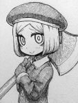 1girl beret coat fate/grand_order fate_(series) gloves hat holding holding_weapon looking_at_viewer monochrome over_shoulder paul_bunyan_(fate/grand_order) riyo_(lyomsnpmp) short_hair simple_background smile solo weapon weapon_over_shoulder 