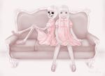  albino blue_eyes braid couch dress dual_persona empty_eyes green_eyes original pale_skin pink_dress saccstry sitting skeleton staring twin_braids 
