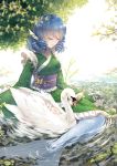  1girl 3000_xiao_chun absurdres bird blue_hair breasts closed_eyes drill_hair eyebrows_visible_through_hair facing_away highres large_breasts long_sleeves mermaid short_hair sitting solo swan touhou wakasagihime water 