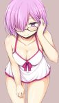 1girl 3: bangs black-framed_eyewear blush breasts brown_background cleavage closed_mouth collarbone cowboy_shot eyebrows_visible_through_hair fate/grand_order fate_(series) hair_tucking half-closed_eyes large_breasts leaning_forward lockheart looking_at_viewer purple_hair shielder_(fate/grand_order) short_hair simple_background solo swimsuit thighs violet_eyes white_swimsuit 