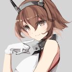 1girl alternate_eye_color bad_id bad_pixiv_id bare_arms bare_shoulders breasts brown_eyes brown_hair gloves grey_background hair_between_eyes headgear highres kantai_collection large_breasts misteor mutsu_(kantai_collection) short_hair simple_background smile solo white_gloves 