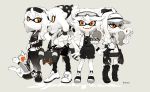  4girls artist_name bandanna black_legwear boots collared_shirt domino_mask double_bun expressionless fangs feet flip-flops full_body gible gloves grey_background hair_ornament half-closed_eyes horsea inkling limited_palette long_sleeves looking_at_viewer looking_to_the_side mask monochrome multiple_girls omanyte open_mouth orange_eyes pants pokemon pokemon_(creature) ponytail sandals seel shirt shoes sidelocks siirakannu simple_background skirt smile sneakers splat_roller_(splatoon) splatoon splatoon_2 standing starry_sky_print sunglasses sunglasses_on_head suspenders teeth tentacle_hair tongue tongue_out visor_cap 