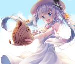  1girl artist_name blue_eyes blush clam_shell collarbone eyebrows_visible_through_hair fate/grand_order fate_(series) hair_ornament hat long_hair looking_away marie_antoinette_(fate/grand_order) nonono open_mouth silver_hair smile starfish starfish_hair_ornament twintails 