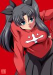  1girl :p bending_forward black_hair blue_eyes breasts fate/stay_night fate_(series) hair_ribbon hand_on_hip large_breasts long_hair long_legs looking_at_viewer oborogumo_takamitsu pleated_skirt ribbon skirt sweater tohsaka_rin tongue tongue_out two_side_up 