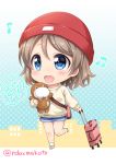  1girl :d bag beanie beige_sweater blue_eyes blush chibi commentary_request denim denim_shorts english grey_hair hat long_sleeves love_live! love_live!_sunshine!! musical_note open_mouth polka_dot polka_dot_background red_hat rolling_suitcase sakurai_makoto_(custom_size) short_hair shorts shoulder_bag smile solo standing standing_on_one_leg stuffed_toy twitter_username uchicchii watanabe_you 