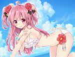  &gt;:) 1girl ahoge all_fours bangs bikini blush bracelet breasts clouds cloudy_sky commentary_request flower frilled_bikini frills hair_flower hair_ornament hand_on_own_shoulder jewelry long_hair looking_at_viewer midriff original pink_eyes pink_hair sakurai_makoto_(custom_size) side-tie_bikini sky solo swimsuit twitter_username two_side_up 