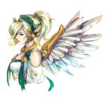  1girl alternate_costume blonde_hair blue_eyes breasts commentary feathered_wings from_side hair_over_one_eye head_wreath headpiece high_ponytail highres jewelry laurel_crown mechanical_wings medium_hair mercy_(overwatch) nvalkyrja overwatch profile red_lips short_sleeves simple_background small_breasts solo upper_body white_background winged_victory_mercy wings 