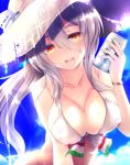  1girl :d ai_takurou alternate_costume beer_can bikini blush breasts brown_eyes can cleavage clouds collarbone commentary day drunk erect_nipples grey_hair hair_between_eyes hat holding holding_can kantai_collection long_hair looking_at_viewer open_mouth pola_(kantai_collection) round_teeth sky smile solo straw_hat sunlight swimsuit teeth upper_body wavy_hair white_bikini_top wristband 
