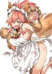  1girl animal_ears apron arched_back bangs bare_shoulders bell bell_collar blush bow breasts cat_paws claw_pose collar commentary_request eyebrows fang fate/grand_order fate_(series) fox_ears fox_girl fox_tail frilled_apron frills hair_bow highres hips large_breasts leg_up long_hair looking_at_viewer maid_headdress naked_apron one_eye_closed open_mouth paw_print paws pink_hair ponytail red_bow sash shiny shiny_skin sideboob sidelocks simple_background smile solo tail tamamo_(fate)_(all) tamamo_cat_(fate) thighs white_background yakitomeito yellow_eyes 