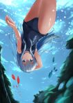  1girl akabane_hibame blue_eyes blue_swimsuit fish freediving hibiki_(kantai_collection) kantai_collection long_hair looking_at_viewer silver_hair smile solo swimsuit underwater upside-down 