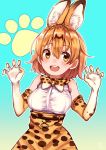  1girl animal_ears blush bow bowtie breasts elbow_gloves eyebrows_visible_through_hair gloves highres kemono_friends large_breasts looking_at_viewer multicolored multicolored_clothes multicolored_gloves open_mouth orange_bow orange_bowtie orange_eyes orange_gloves orange_hair serval_(kemono_friends) serval_ears short_hair smile solo tomu_(zundaizu106) upper_body white_gloves 