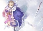  &gt;:) 1girl armor armored_dress artoria_pendragon_(all) bangs blonde_hair blue_bow bow cape closed_mouth crown fate/stay_night fate_(series) foreshortening fur_trim gauntlets green_eyes hair_bow planted_sword planted_weapon saber short_hair snow solo standing sword weapon yuugen 
