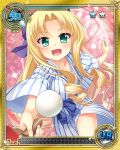  1girl ball blonde_hair card_(medium) curly_hair enjutsu green_eyes holding japanese_clothes kimono koihime_musou long_hair official_art open_mouth outstretched_arm outstretched_arms paddle ribbon saeki_hokuto smile solo table_tennis table_tennis_ball table_tennis_paddle very_long_hair yukata 
